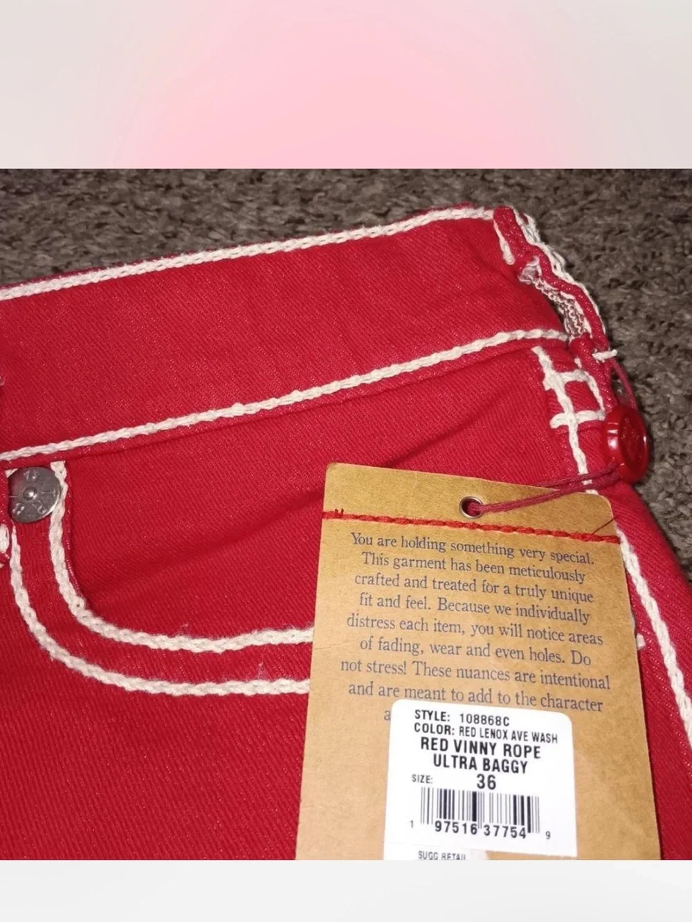 True Religion men’s Red Jeans with White Contrast Stitch